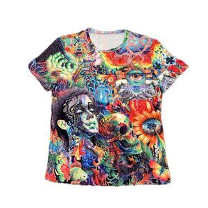 Psychedelic All-Over Print Shirt Sz M Eye Trippy Art Tee Rave